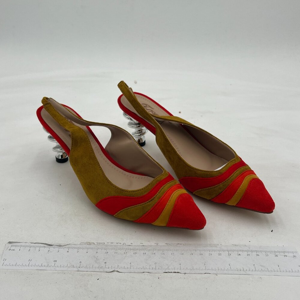 FOWT Yellow Rainbow Color Stripes Strange Spiral Heel Pointed Toe Slingback Pump - Picture 4 of 8